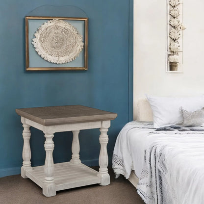 French Country Farmhouse End Table – Vintage White & Grey Wood 