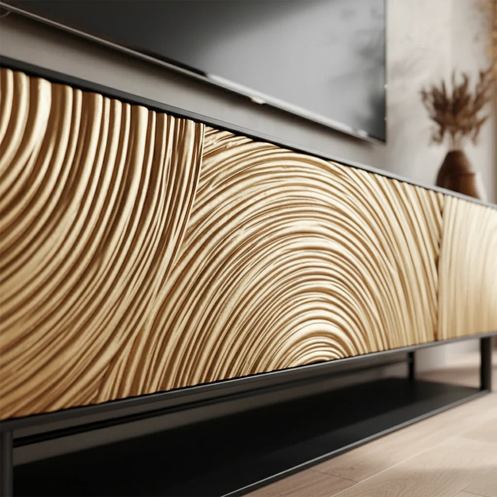 Golden Spiral-Carved Solid Wood TV Stand – Luxury Organic Console - Rustira