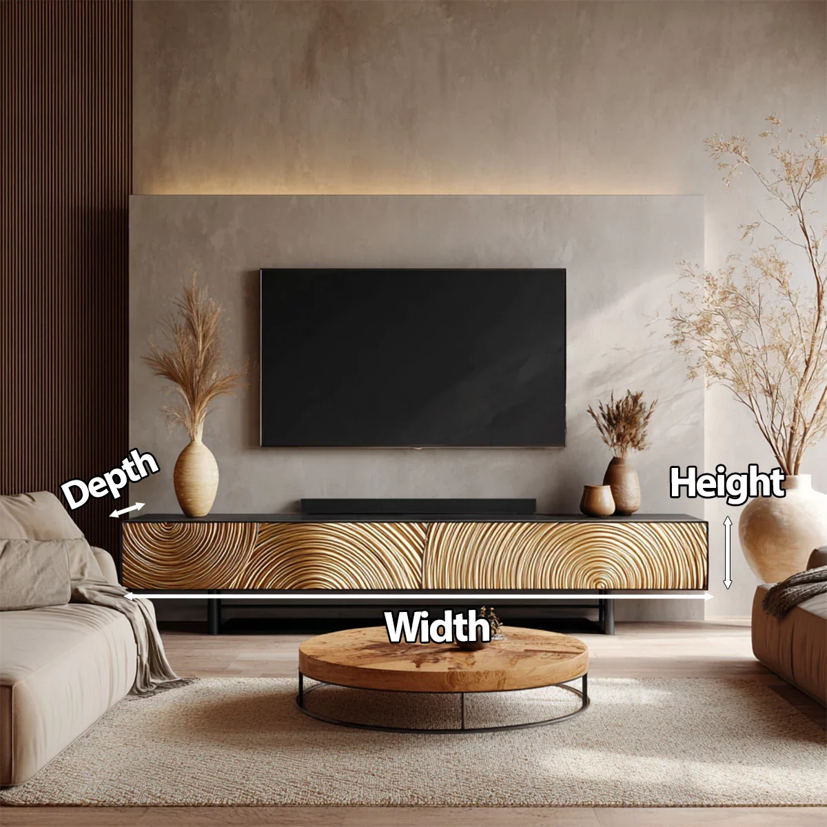 Golden Spiral-Carved Solid Wood TV Stand – Luxury Organic Console - Rustira