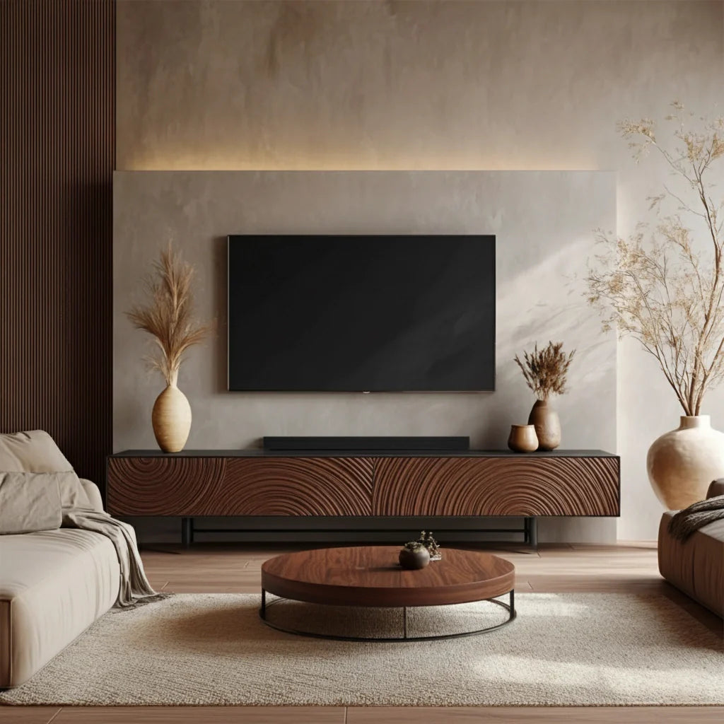 Golden Spiral-Carved Solid Wood TV Stand – Luxury Organic Console - Rustira