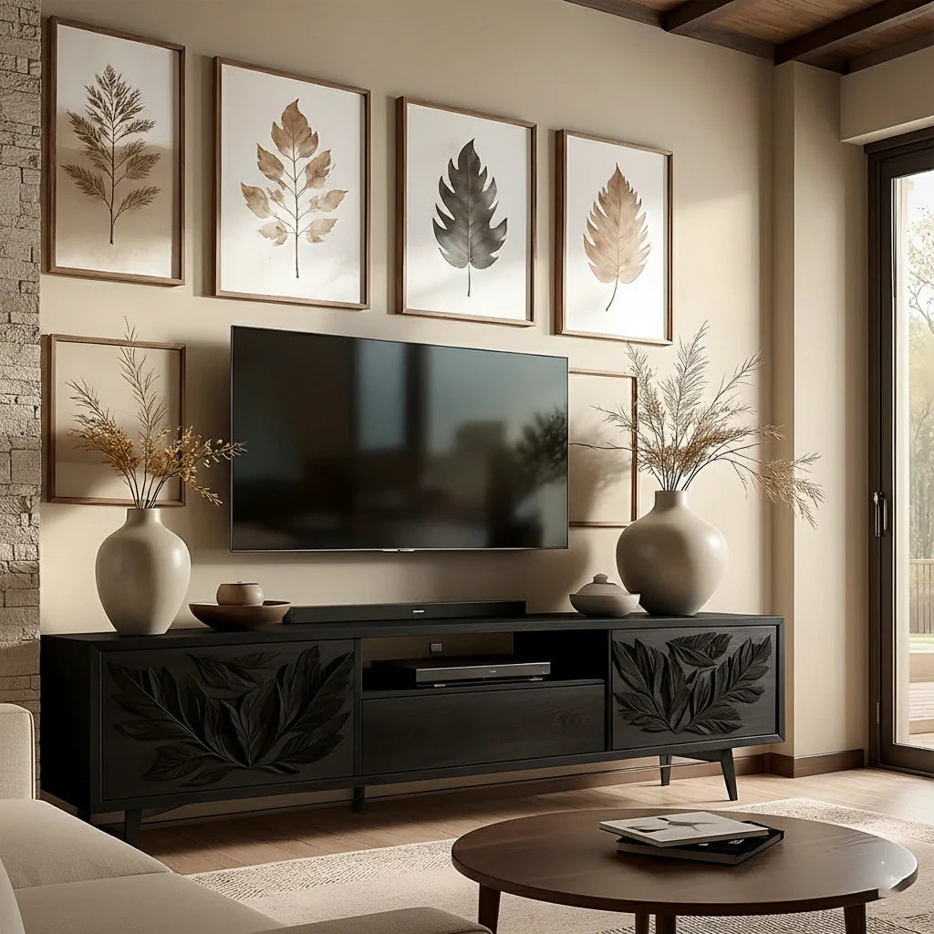 Hand-Carved Leaf Solid Wood TV Stand – Botanical Media Console - Rustira