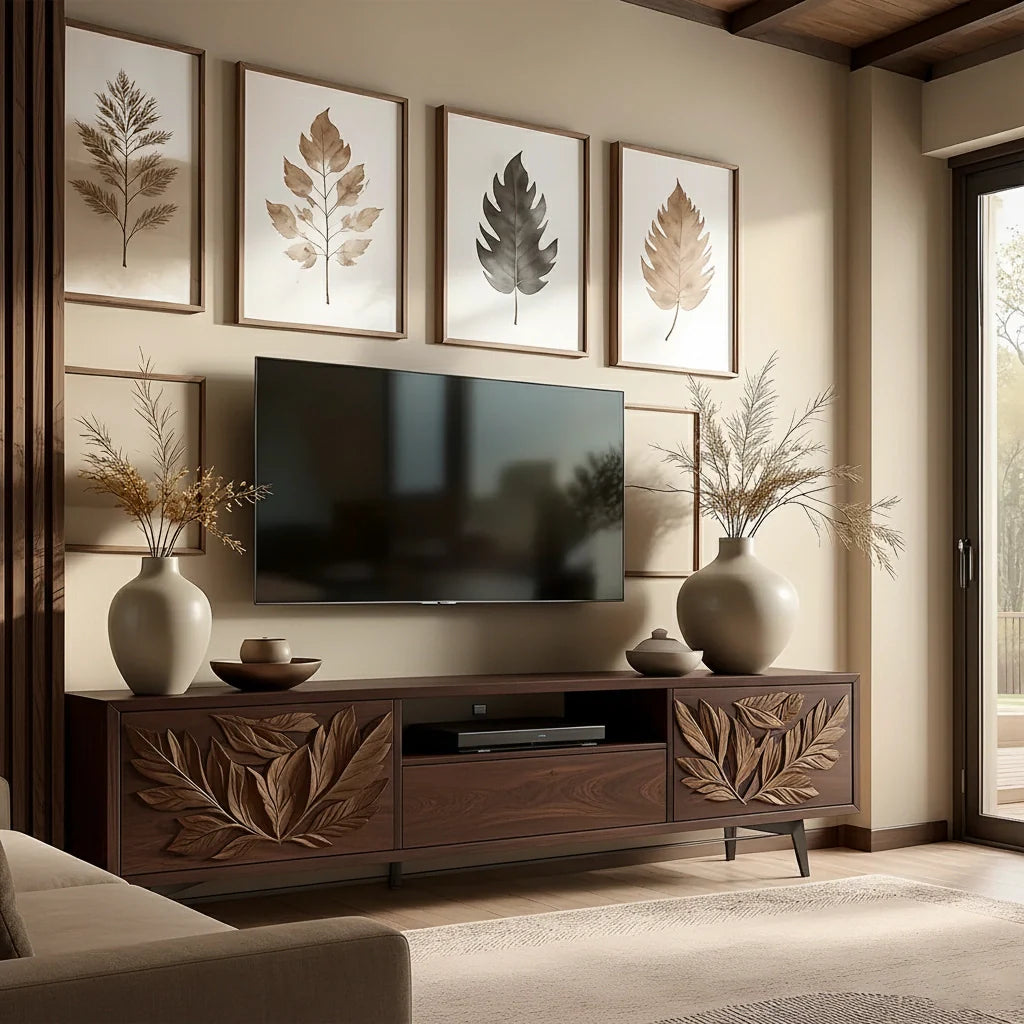 Hand-Carved Leaf Solid Wood TV Stand – Botanical Media Console - Rustira