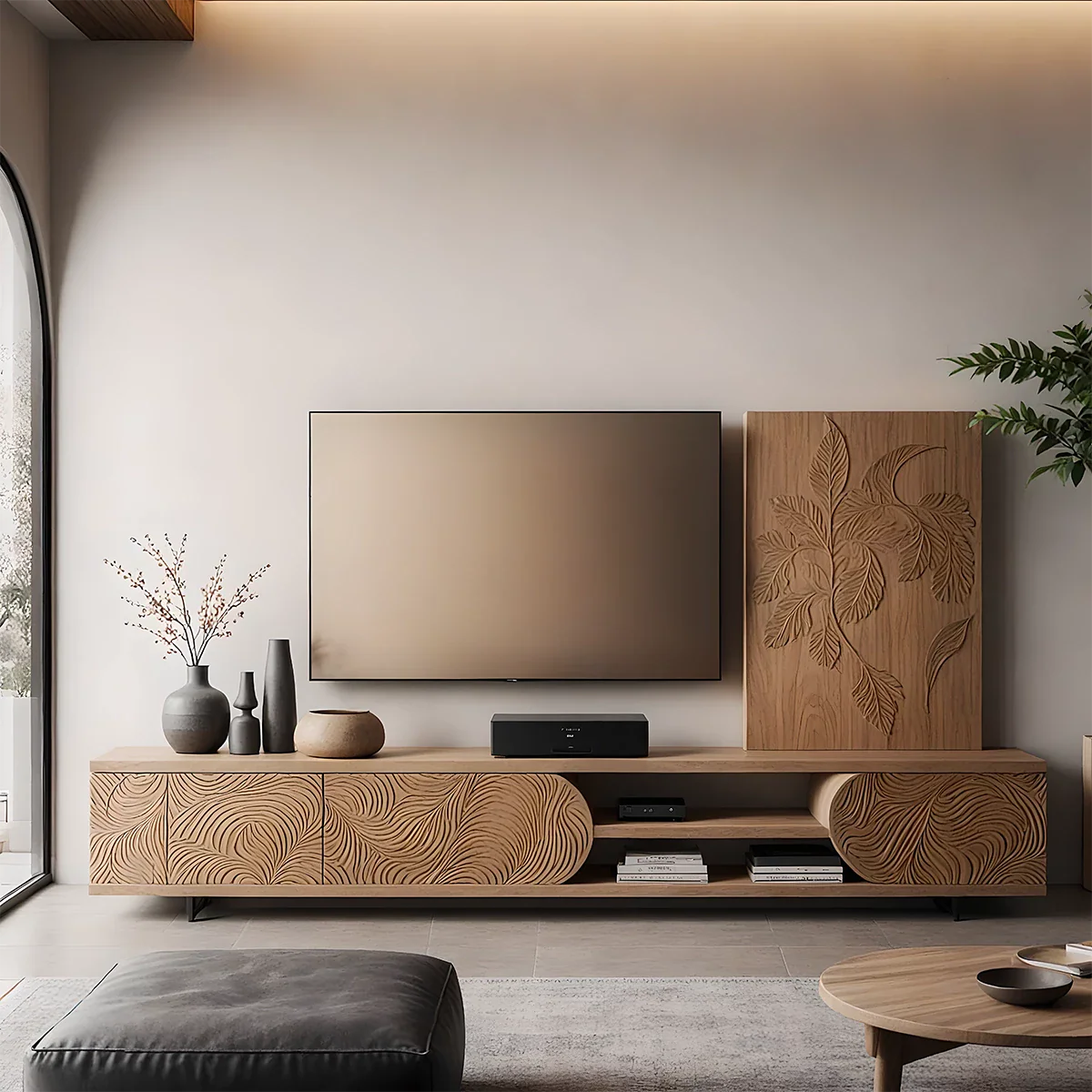 Hand-Carved Solid Wood TV Console with Organic Floral Pattern - Rustira