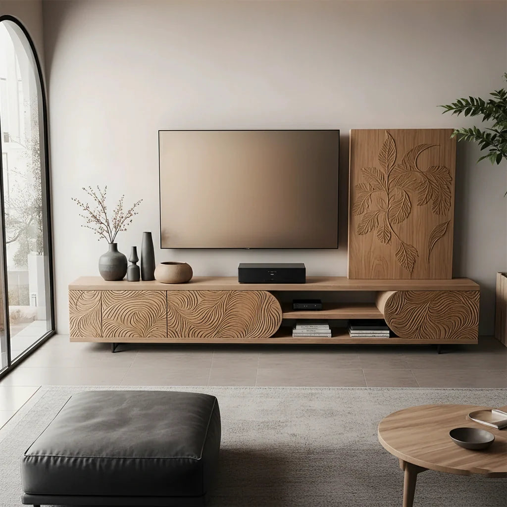 Hand-Carved Solid Wood TV Console with Organic Floral Pattern - Rustira