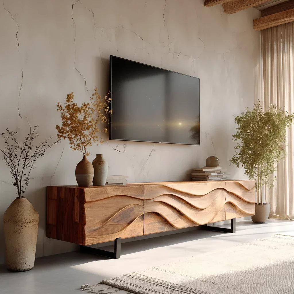 Hand-Carved Wave Wood TV Stand — Golden Drift Edition - Rustira