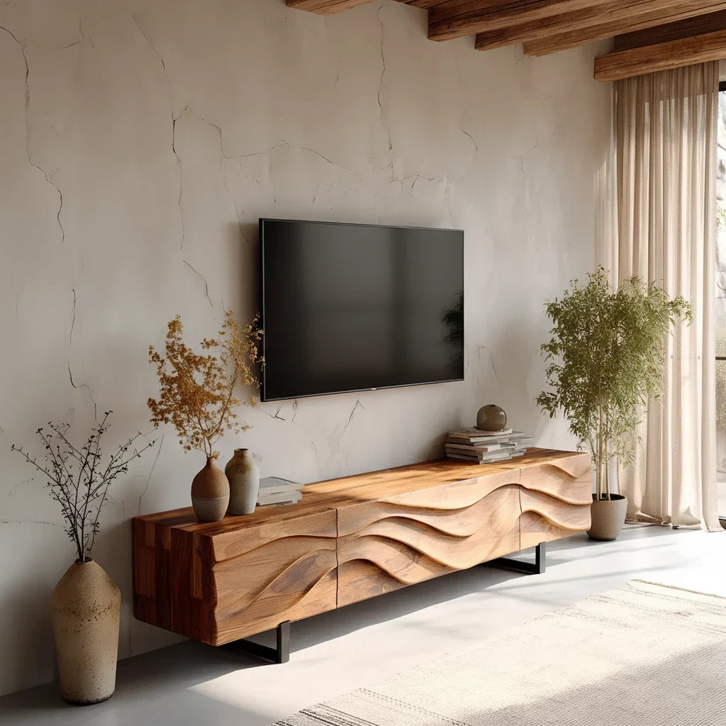Hand-Carved Wave Wood TV Stand — Golden Drift Edition - Rustira