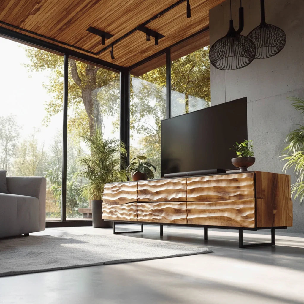 Hand-Carved Wavefront Solid Wood TV Stand – Natural Sculpted Media Console - Rustira