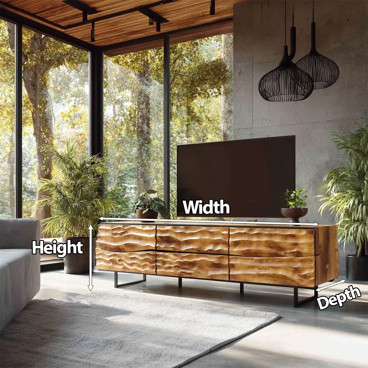 Hand-Carved Wavefront Solid Wood TV Stand – Natural Sculpted Media Console - Rustira