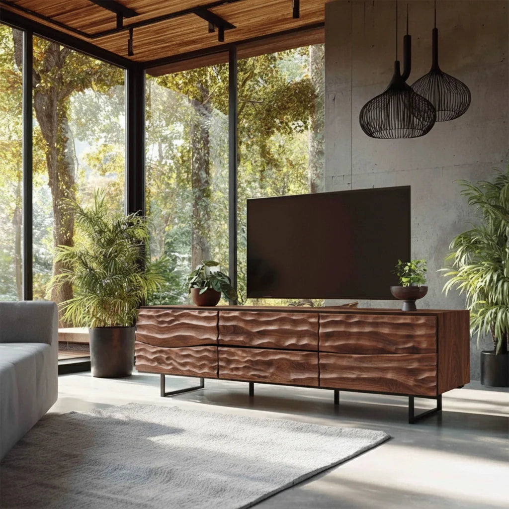 Hand-Carved Wavefront Solid Wood TV Stand – Natural Sculpted Media Console - Rustira