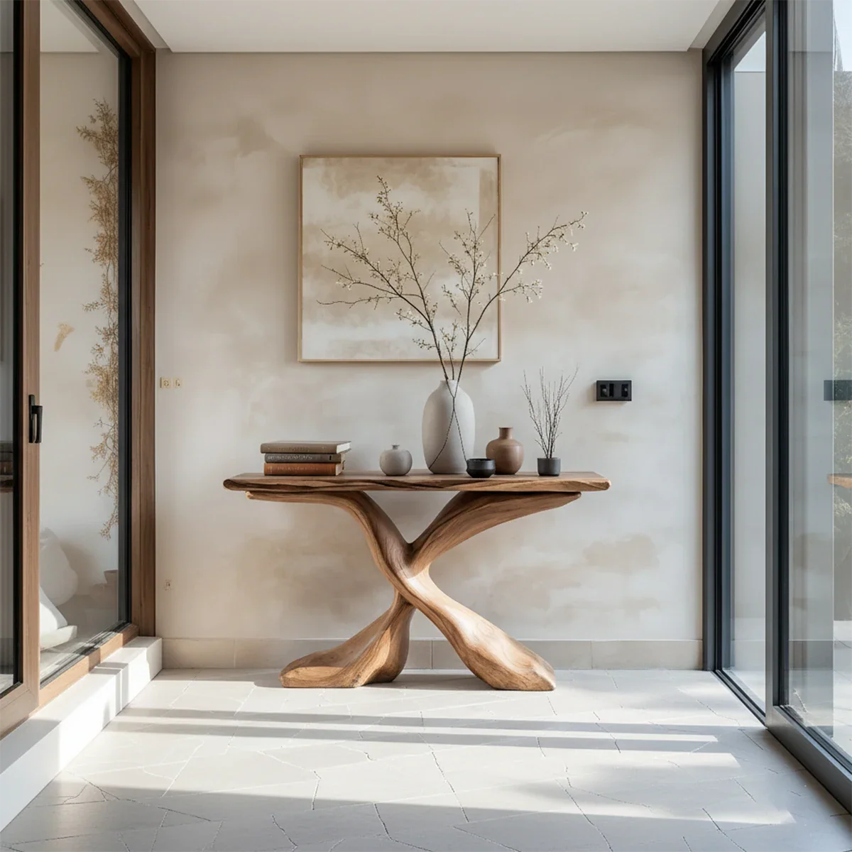 Hand-Carved X-Base Solid Wood Console Table — Organic Modern Art Furniture - Rustira