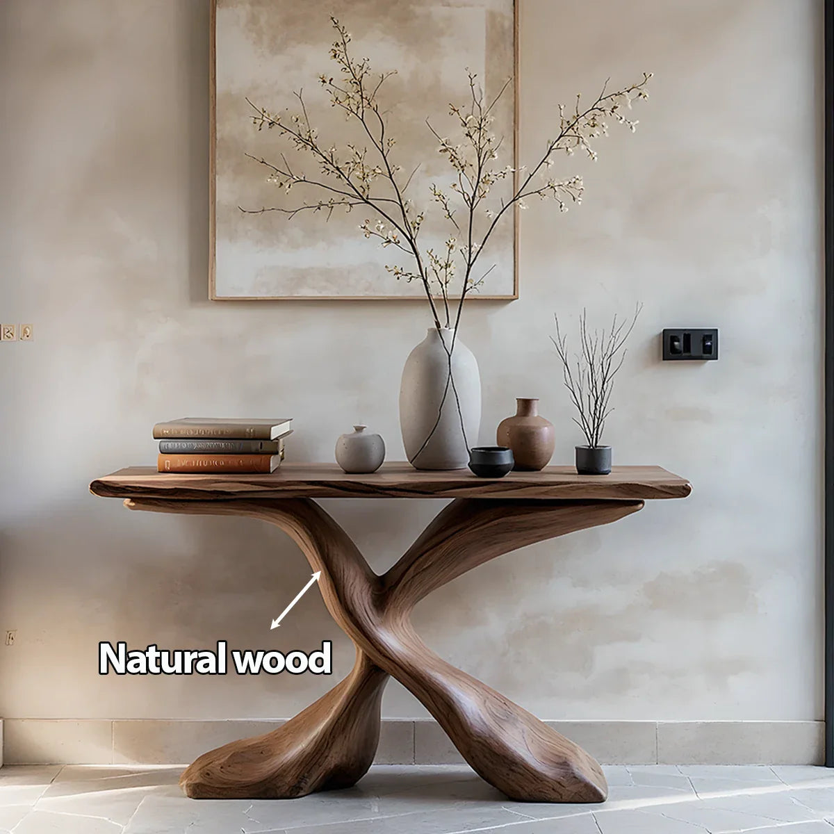 Hand-Carved X-Base Solid Wood Console Table — Organic Modern Art Furniture - Rustira