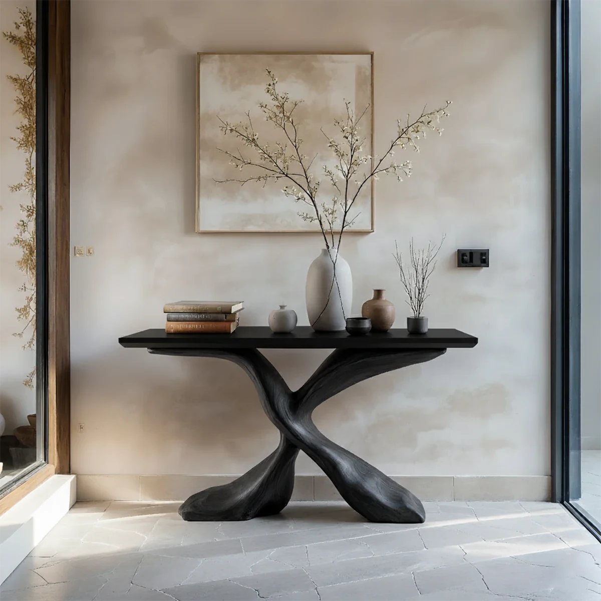 Hand-Carved X-Base Solid Wood Console Table — Organic Modern Art Furniture - Rustira