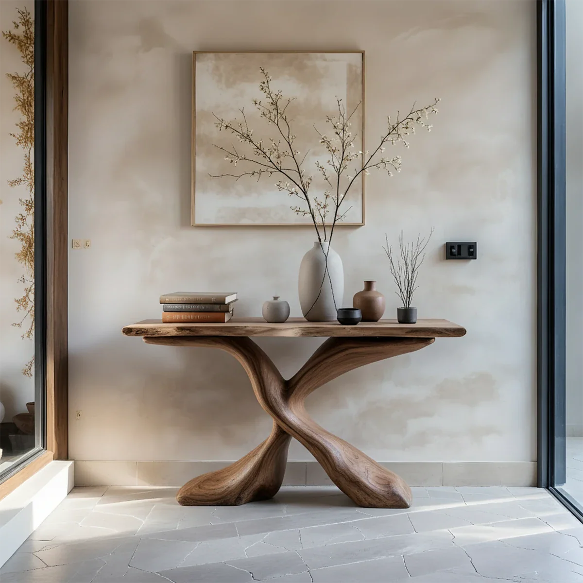 Hand-Carved X-Base Solid Wood Console Table — Organic Modern Art Furniture - Rustira