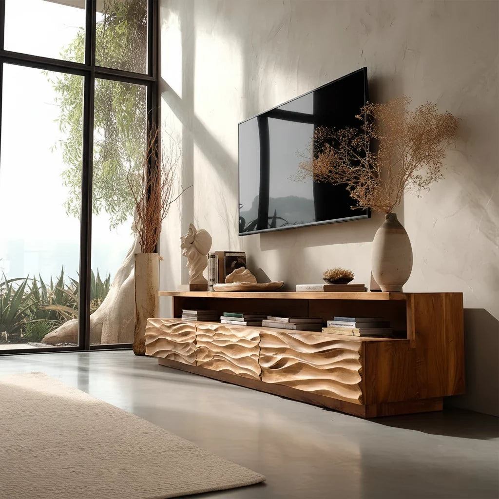 Hand-Sculpted Organic Wave Wood TV Stand — Natural Sunrise Finish - Rustira