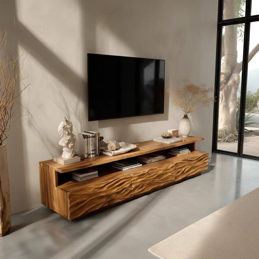 Hand-Sculpted Organic Wave Wood TV Stand — Natural Sunrise Finish - Rustira