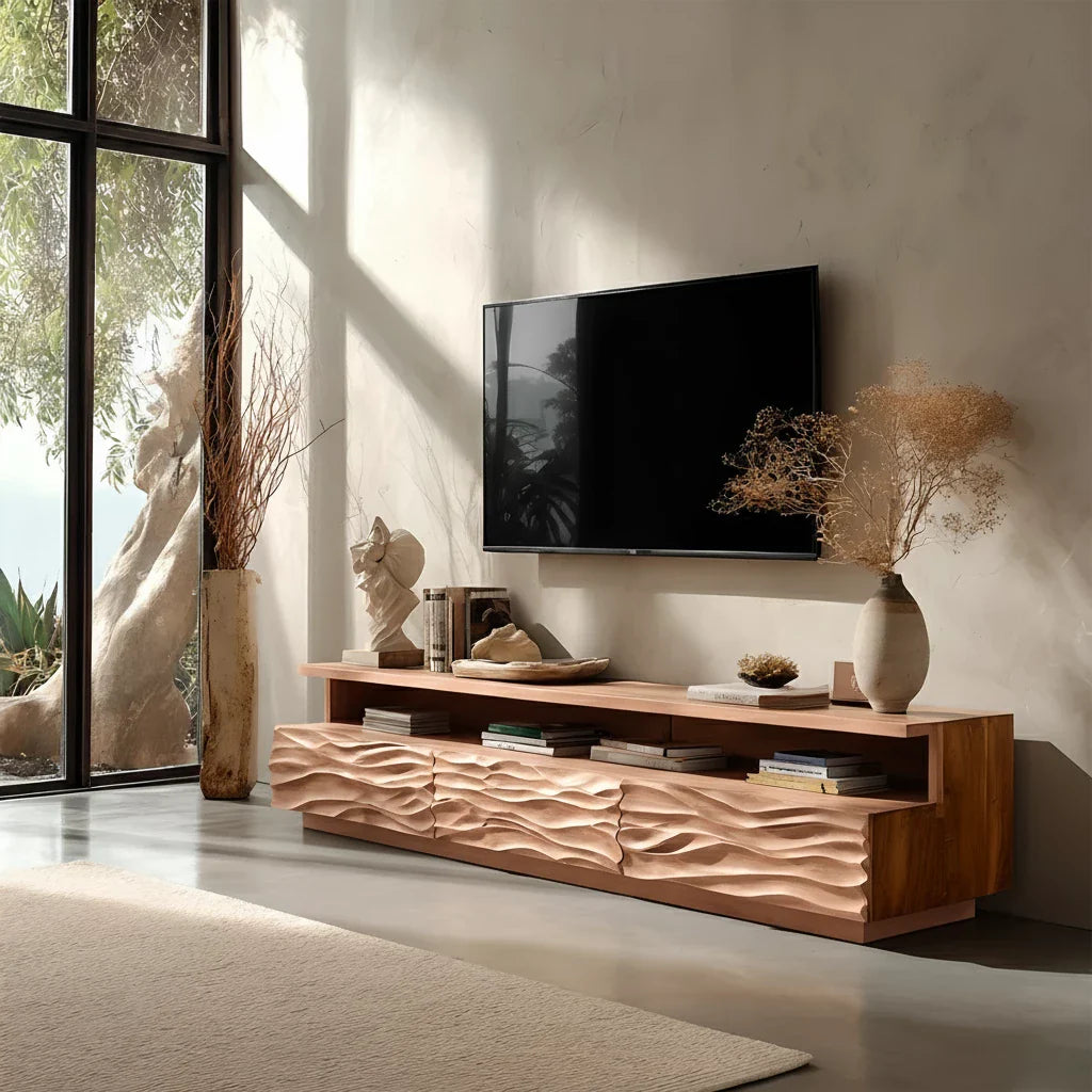 Hand-Sculpted Organic Wave Wood TV Stand — Natural Sunrise Finish - Rustira