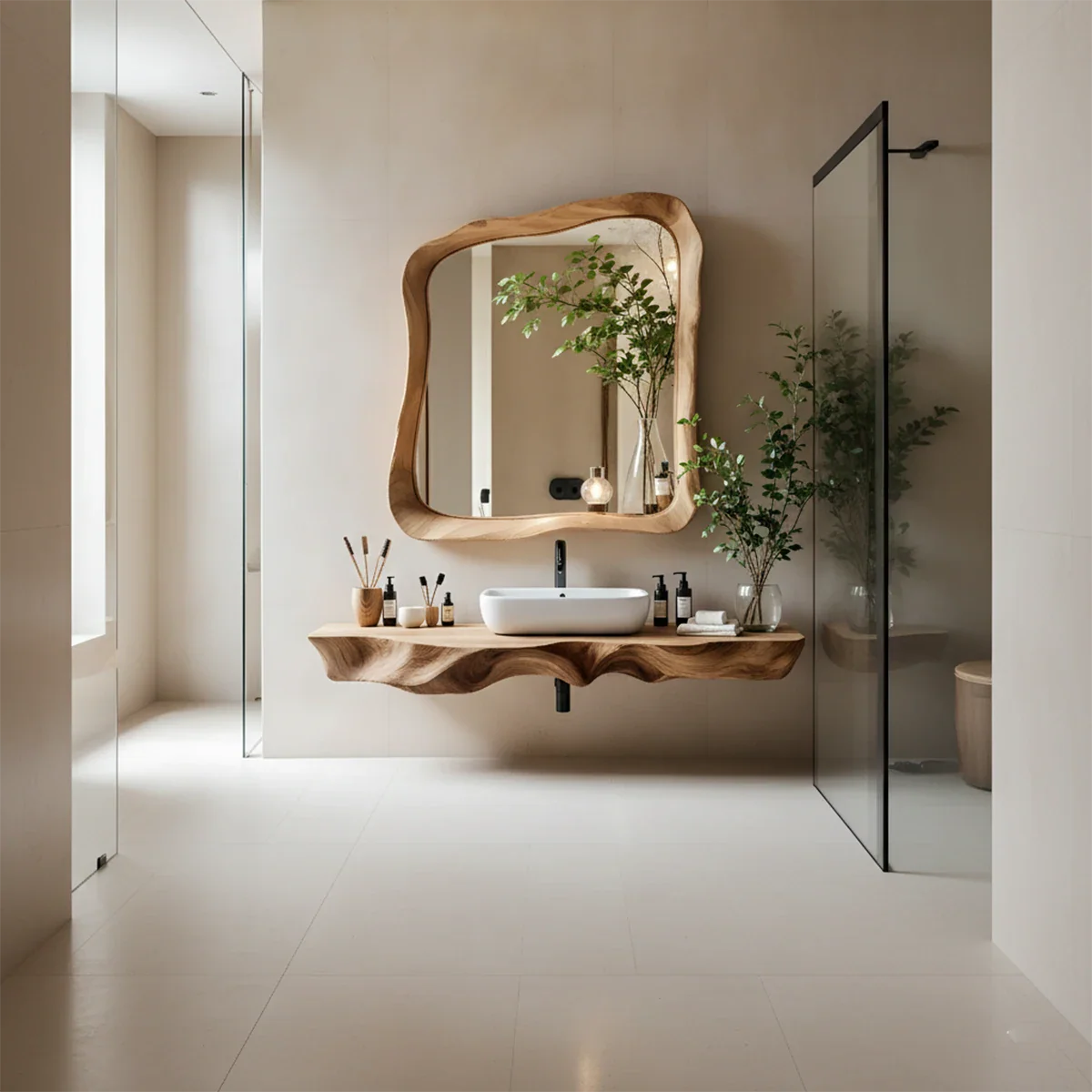 Handcrafted Live Edge Floating Bathroom Vanity Shelf With Mirror Frame - Rustira