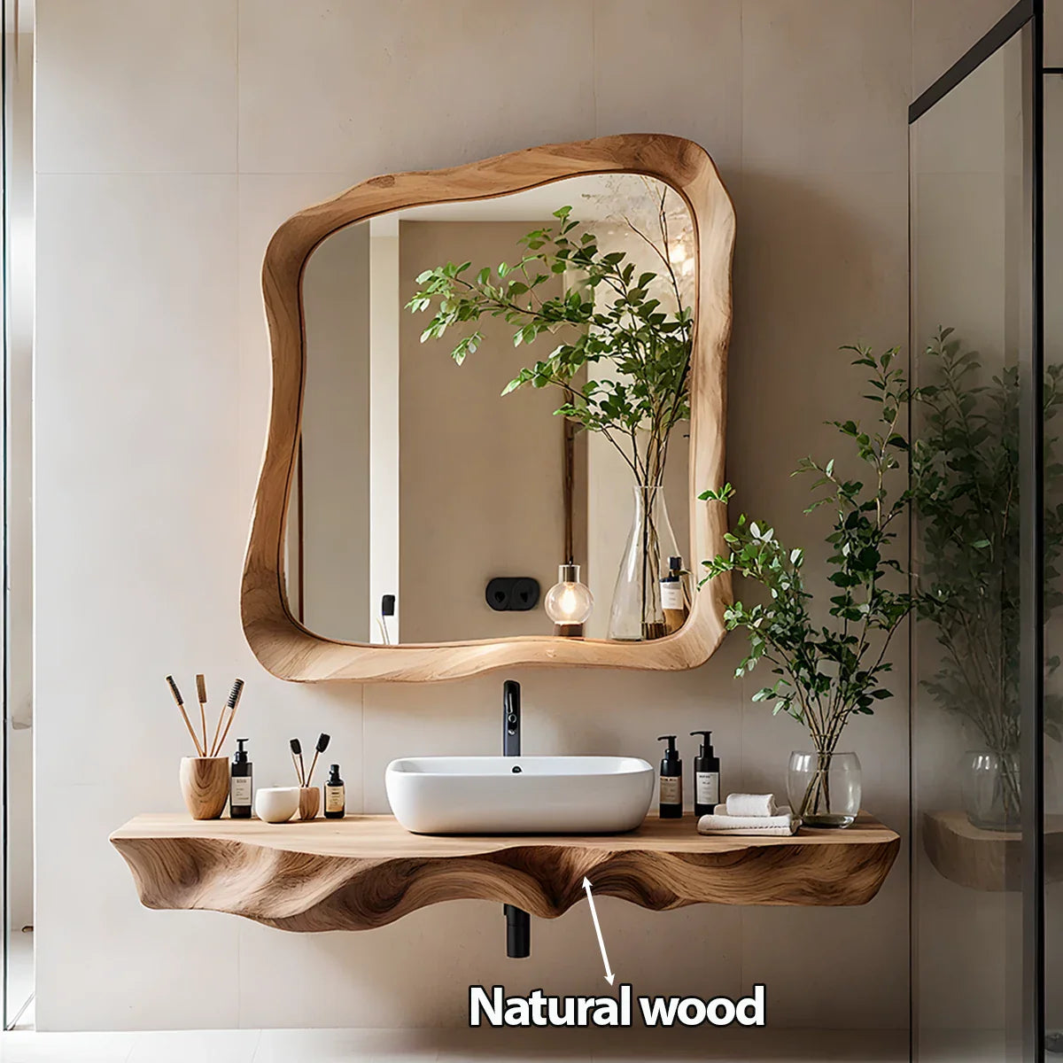 Handcrafted Live Edge Floating Bathroom Vanity Shelf With Mirror Frame - Rustira