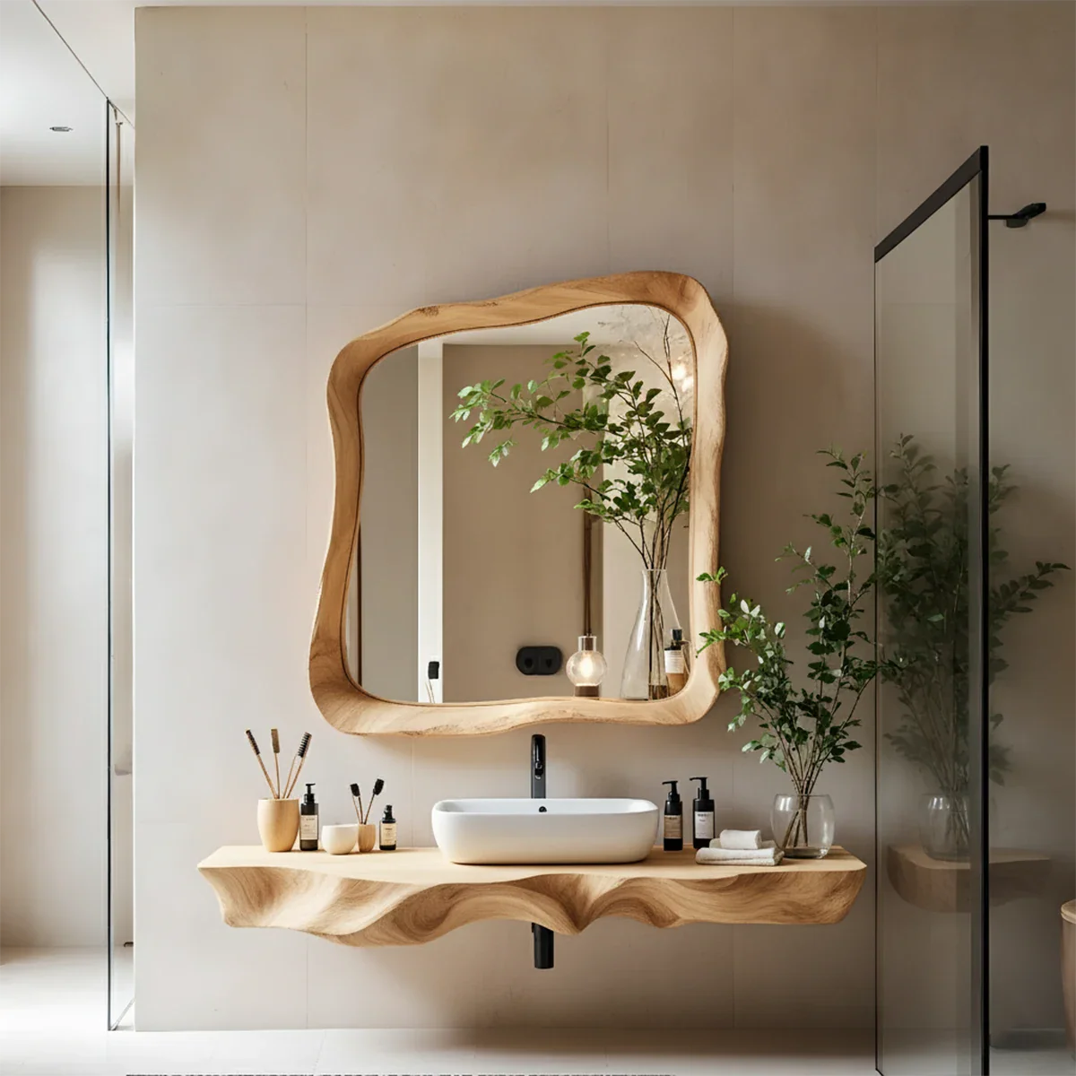 Handcrafted Live Edge Floating Bathroom Vanity Shelf With Mirror Frame - Rustira