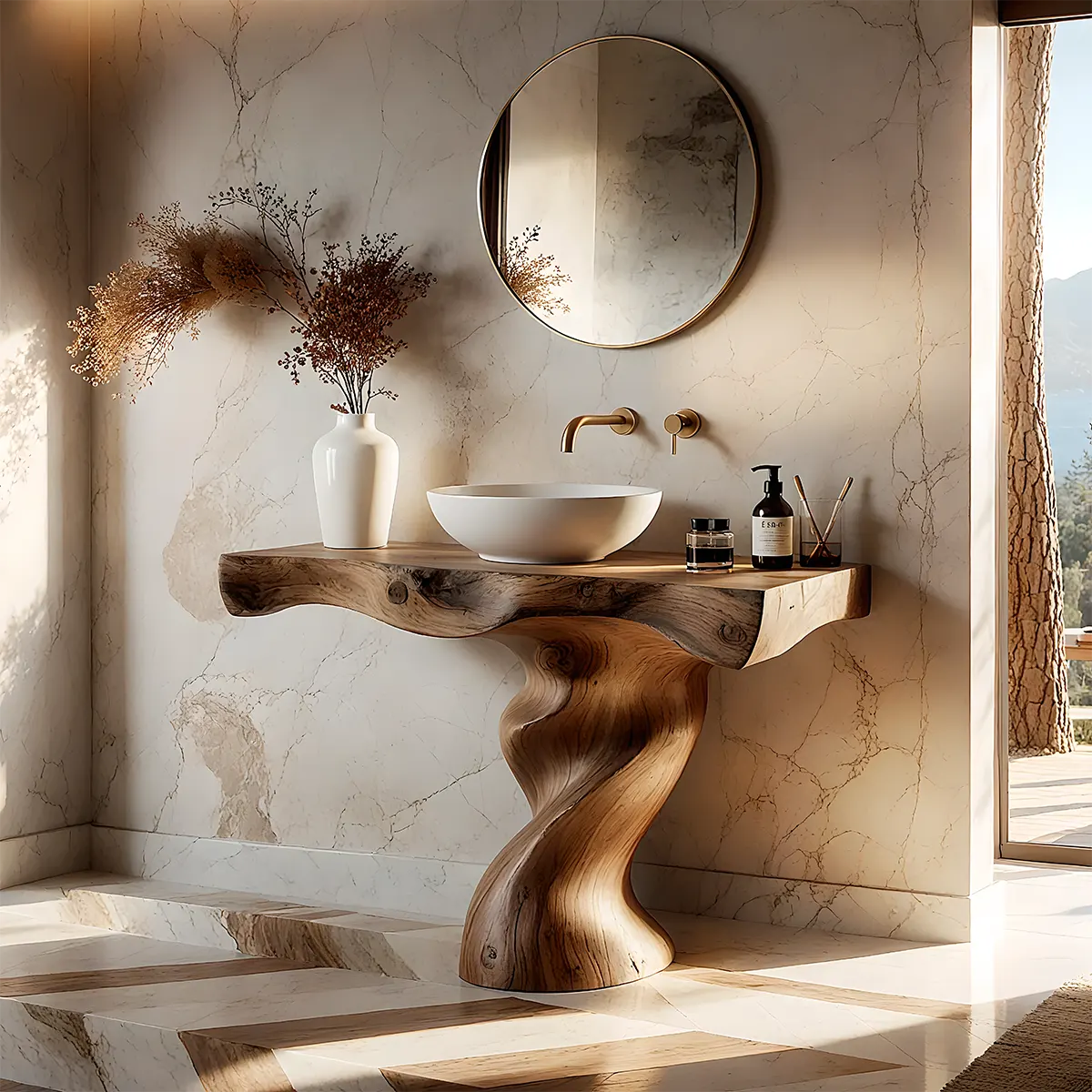 Handcrafted Live Edge Vanity with Sculpted Twisted Wood Base - Rustira