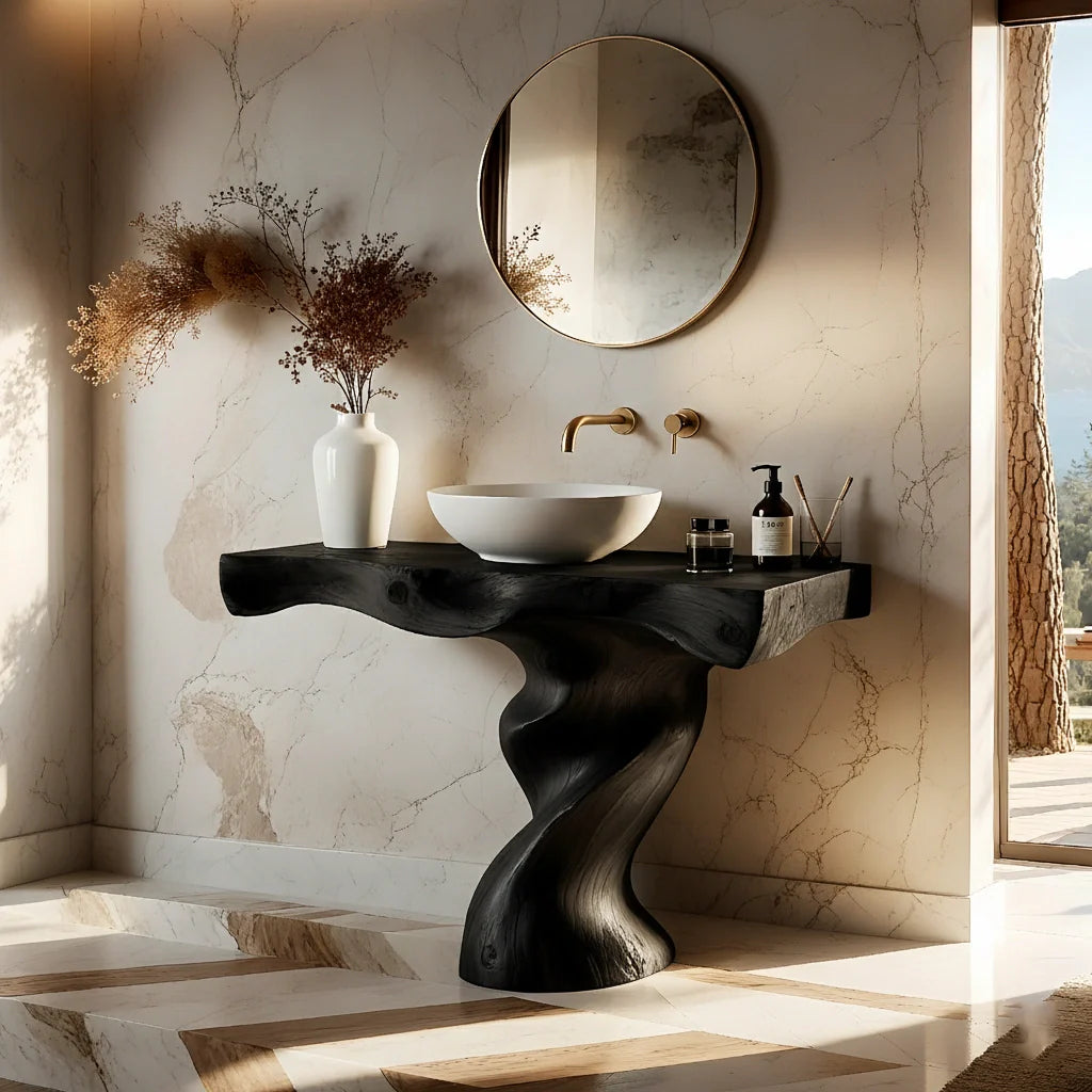 Handcrafted Live Edge Vanity with Sculpted Twisted Wood Base - Rustira