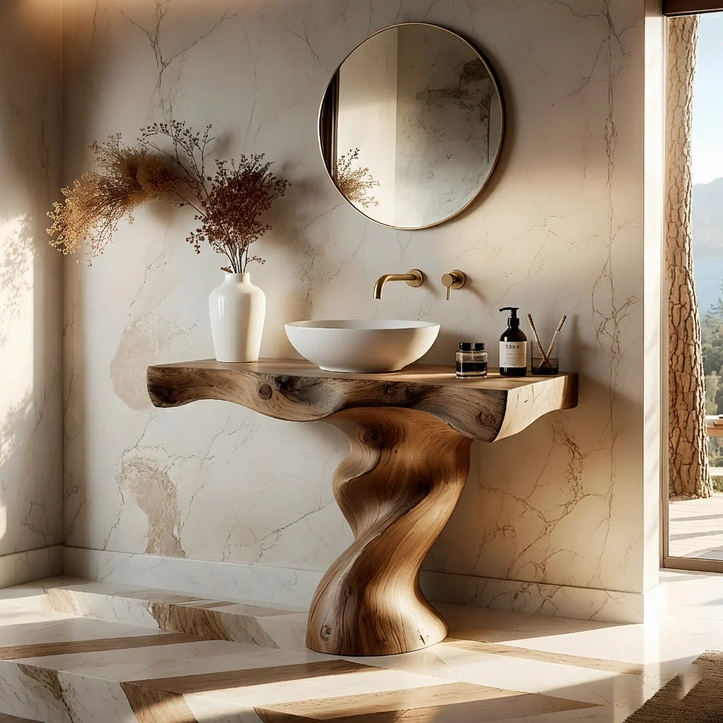 Handcrafted Live Edge Vanity with Sculpted Twisted Wood Base - Rustira