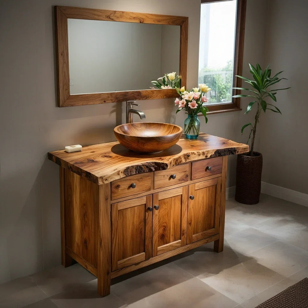 Handcrafted Natural Solid Wood Live-Edge Bathroom Vanity Cabinet - Rustirawood