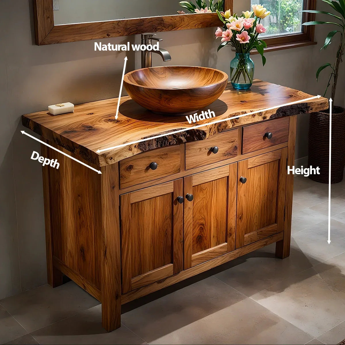 Handcrafted Natural Solid Wood Live-Edge Bathroom Vanity Cabinet - Rustirawood