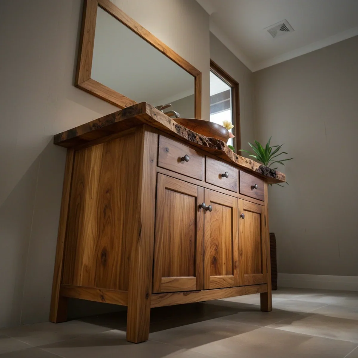 Handcrafted Natural Solid Wood Live-Edge Bathroom Vanity Cabinet - Rustirawood