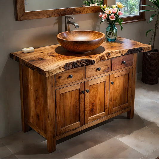 Handcrafted Natural Solid Wood Live-Edge Bathroom Vanity Cabinet - Rustirawood