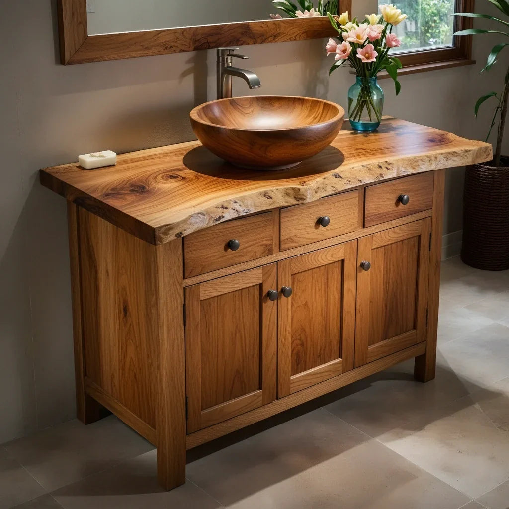 Handcrafted Natural Solid Wood Live-Edge Bathroom Vanity Cabinet - Rustirawood
