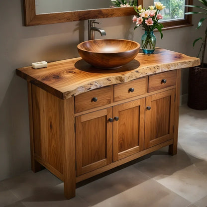 Handcrafted Natural Solid Wood Live-Edge Bathroom Vanity Cabinet - Rustirawood