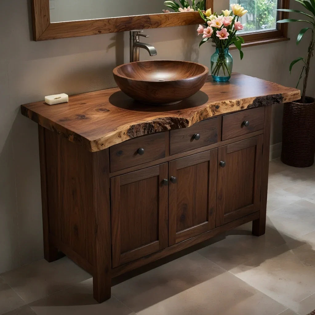 Handcrafted Natural Solid Wood Live-Edge Bathroom Vanity Cabinet - Rustirawood