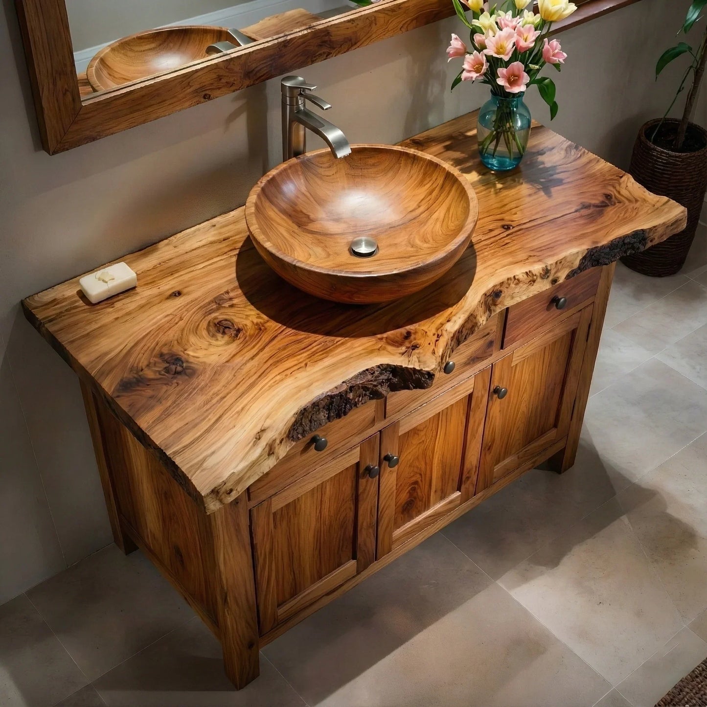 Handcrafted Natural Solid Wood Live-Edge Bathroom Vanity Cabinet - Rustirawood