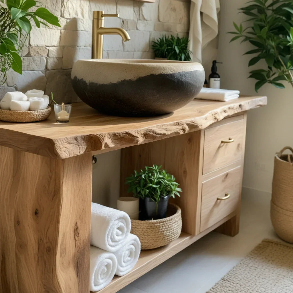 Handcrafted Natural Solid Wood Live-Edge Bathroom Vanity - Rustirawood