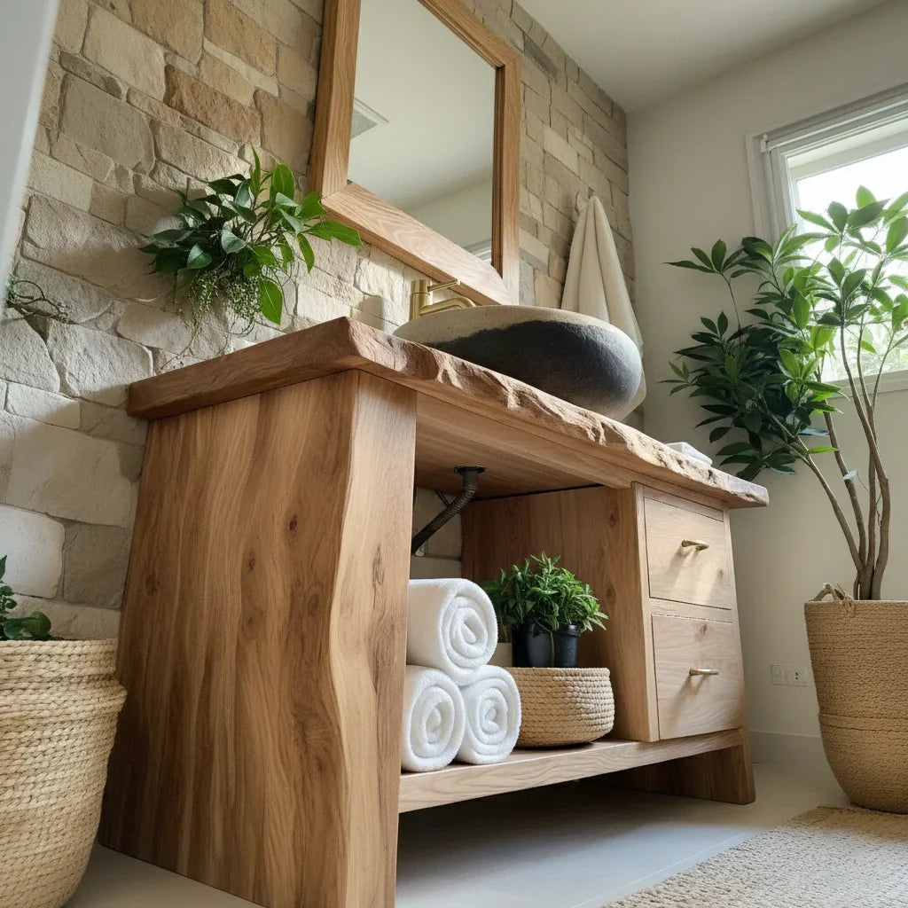 Handcrafted Natural Solid Wood Live-Edge Bathroom Vanity - Rustirawood