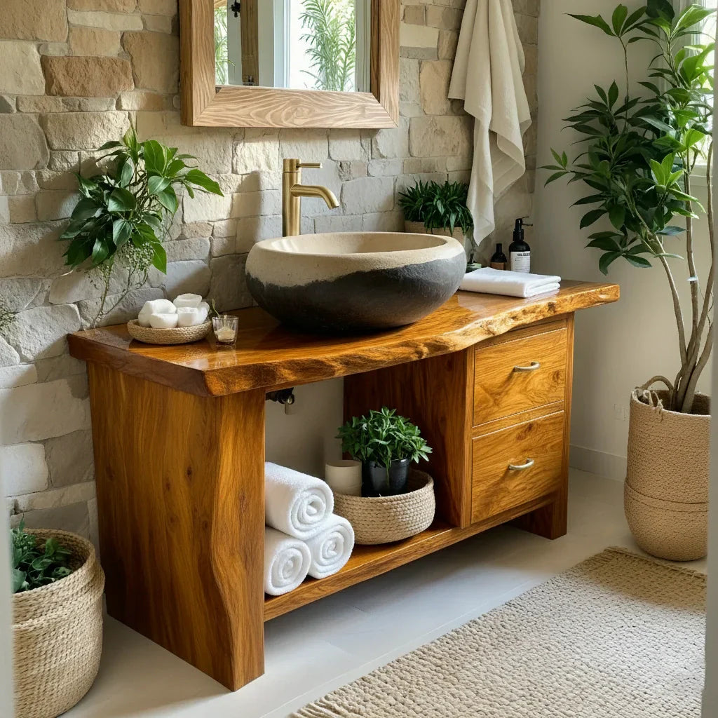 Handcrafted Natural Solid Wood Live-Edge Bathroom Vanity - Rustirawood