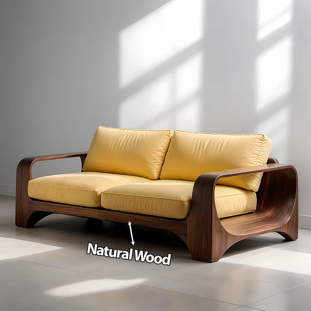 Handcrafted Natural Solid Wood Sofa – Rustic Curved Frame – Cotton Cushion Seating - Rustirawood