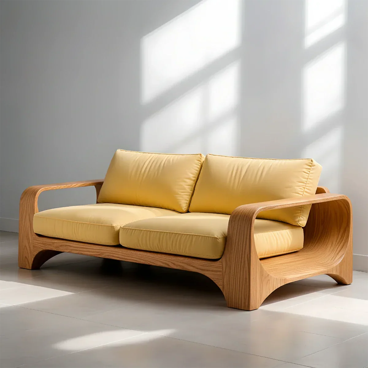 Handcrafted Natural Solid Wood Sofa – Rustic Curved Frame – Cotton Cushion Seating - Rustirawood