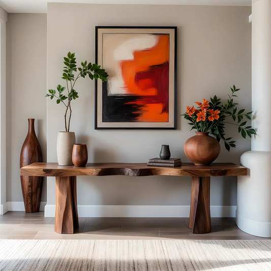 Handcrafted Solid Wood Console Table with Sculpted Block Legs - Rustirawood