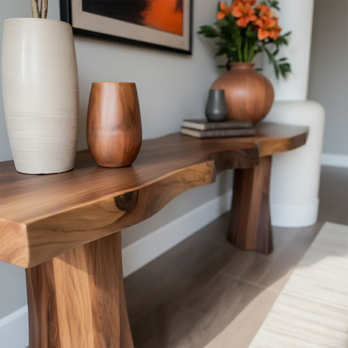 Handcrafted Solid Wood Console Table with Sculpted Block Legs - Rustirawood