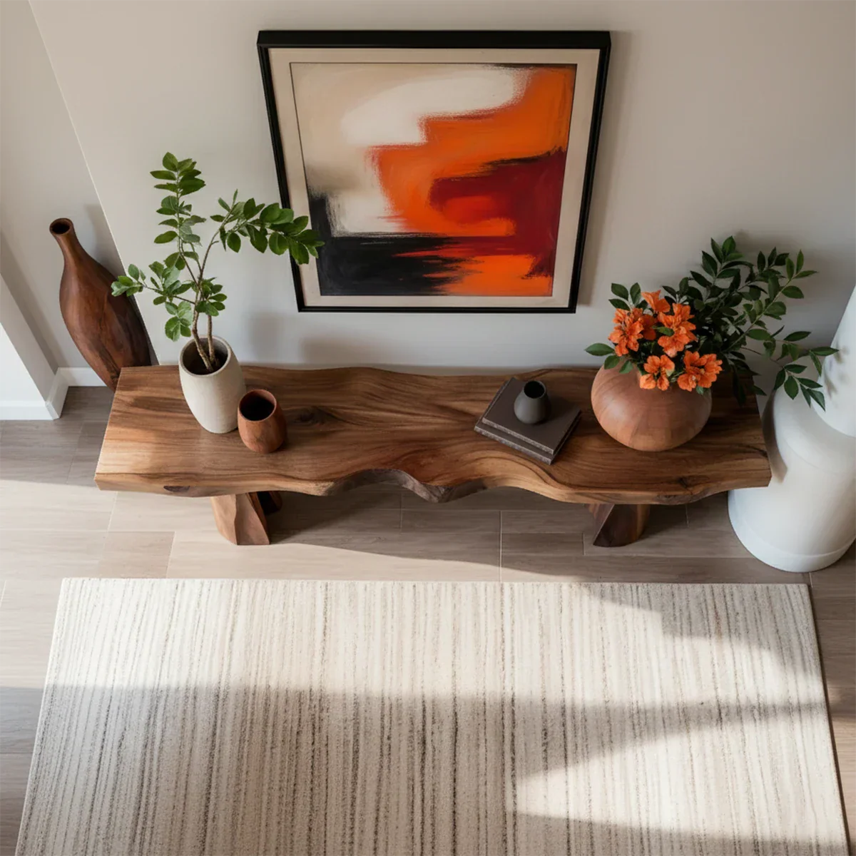 Handcrafted Solid Wood Console Table with Sculpted Block Legs - Rustirawood