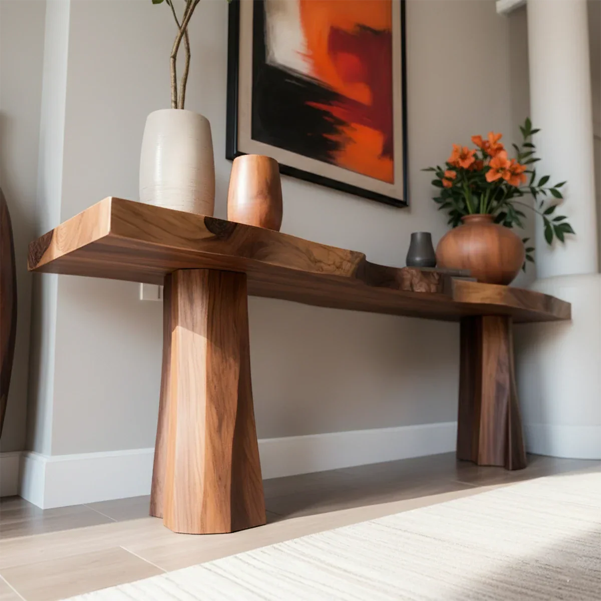 Handcrafted Solid Wood Console Table with Sculpted Block Legs - Rustirawood