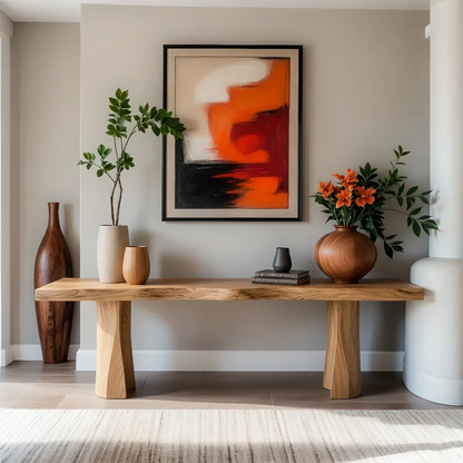 Handcrafted Solid Wood Console Table with Sculpted Block Legs - Rustirawood