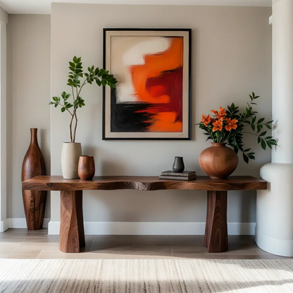 Handcrafted Solid Wood Console Table with Sculpted Block Legs - Rustirawood