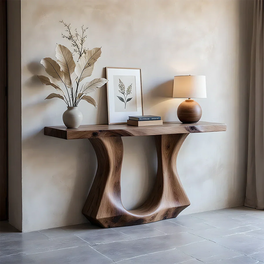 Handcrafted Solid Wood Console Table with Sculptural Twin-Base Design - Rustirawood