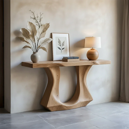 Handcrafted Solid Wood Console Table with Sculptural Twin-Base Design - Rustirawood
