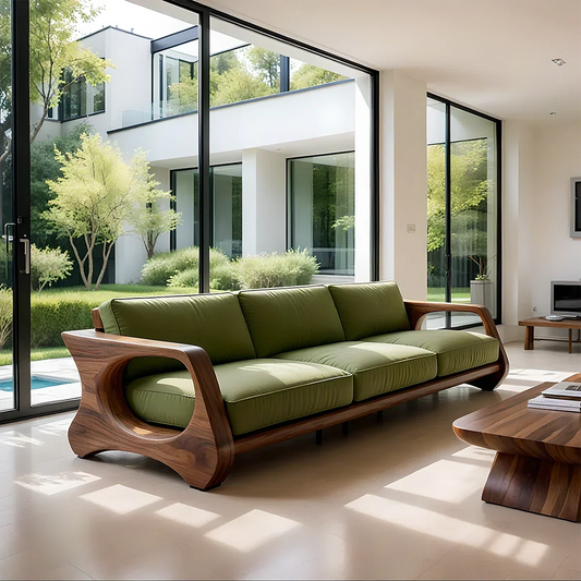 Handcrafted Solid Wood Cotton Sofa – Rustic Green Modern Design - Rustirawood