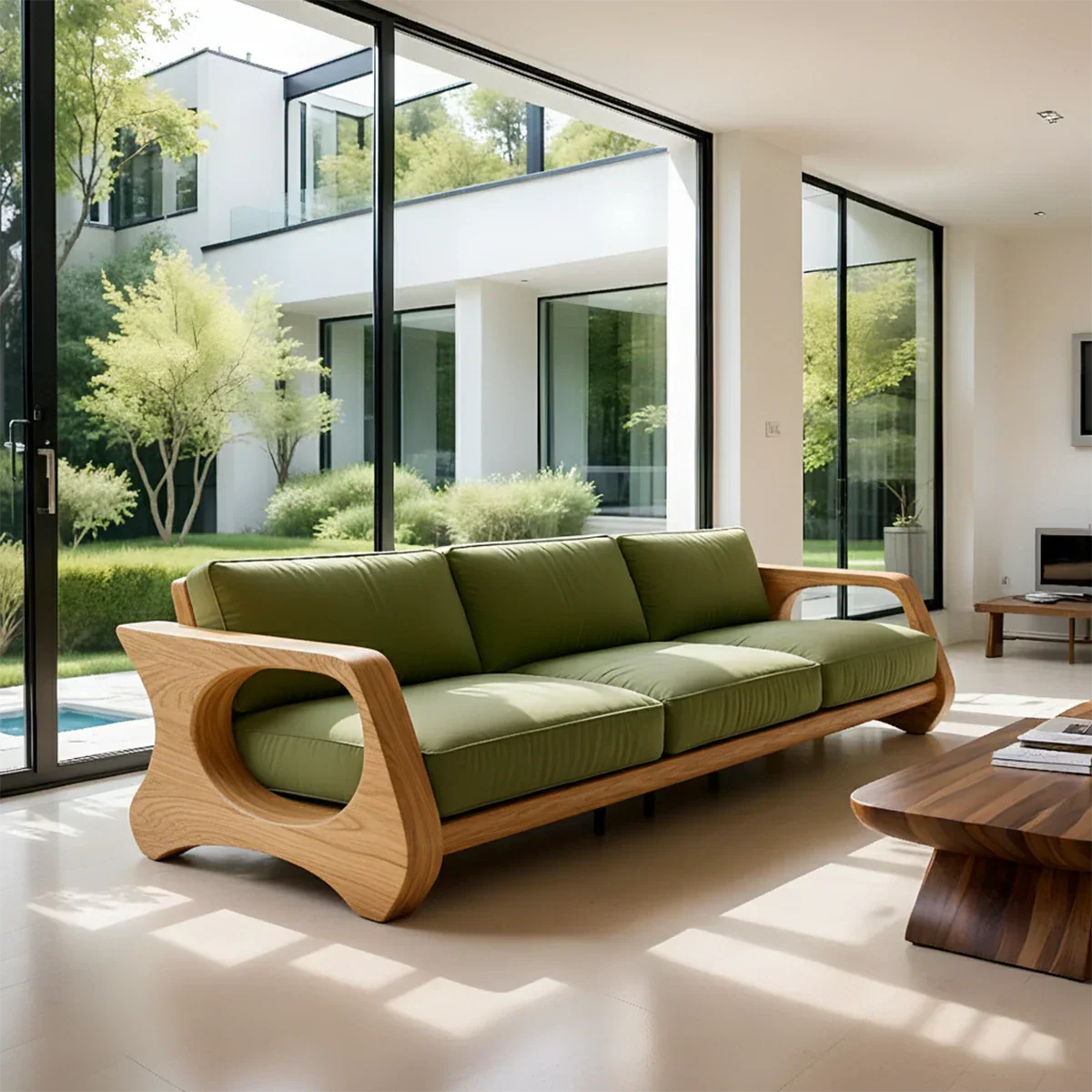 Handcrafted Solid Wood Cotton Sofa – Rustic Green Modern Design - Rustirawood