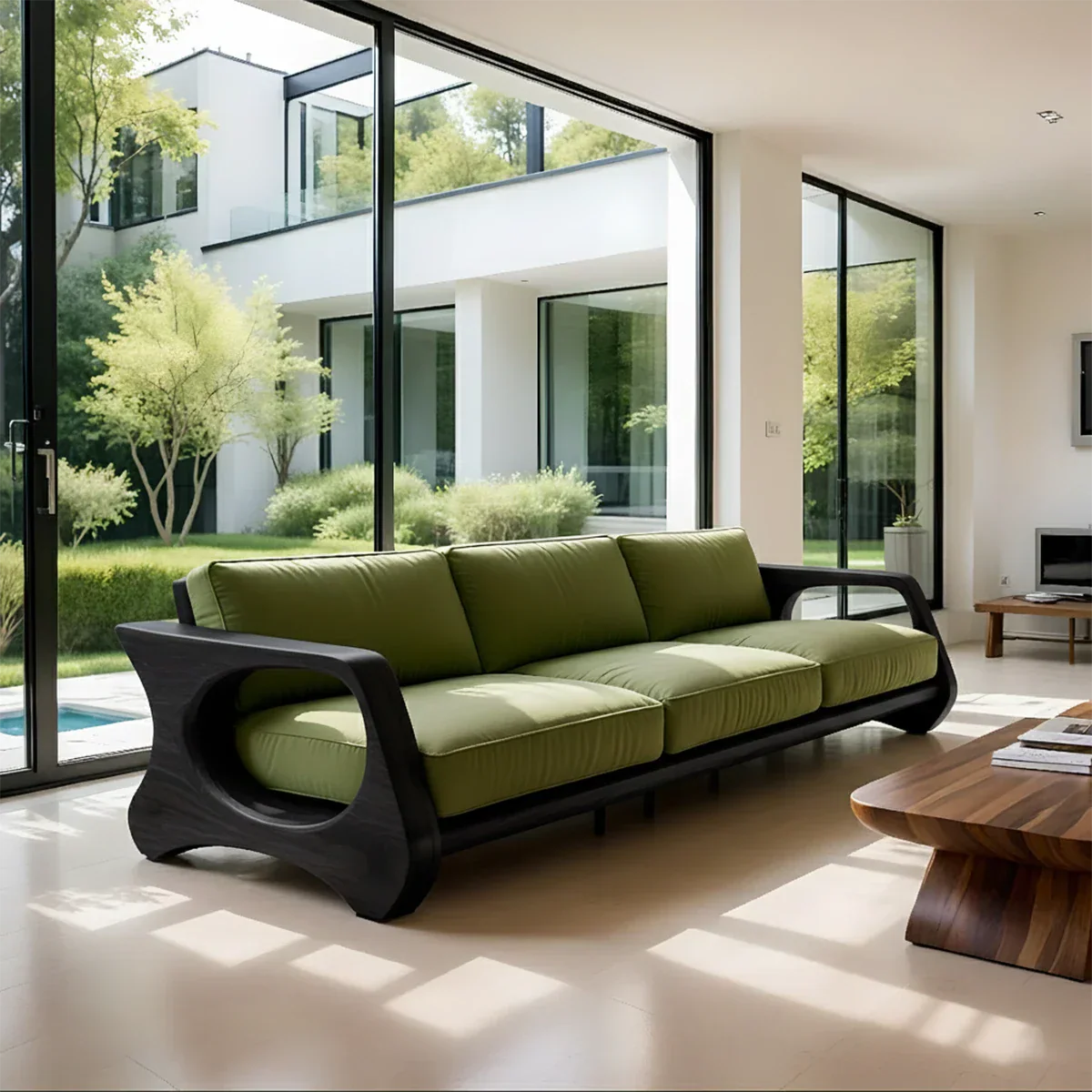 Handcrafted Solid Wood Cotton Sofa – Rustic Green Modern Design - Rustirawood